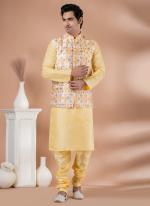 Silk Light Yellow Wedding Wear Embroidery Work Readymade Modi Jacket Kurta Pajama